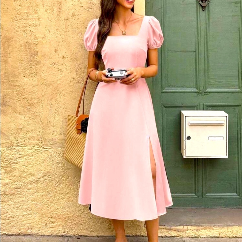 Elegant Pink Puff Sleeve Dress